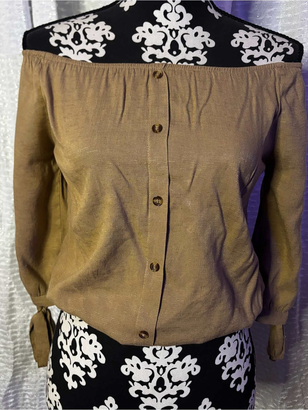 Paper Moon Tan Off Shoulder Button Front Boho Blouse Tie Sleeve Size Small